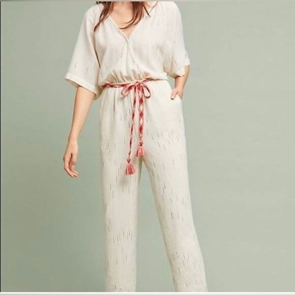 Anthropologie feather & bone ‘soleil’ jumpsuit pantsuit cream w striping small - Picture 3 of 11
